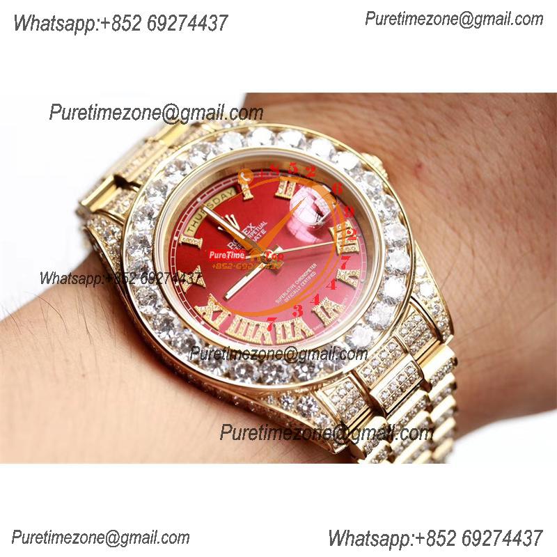 Daydate A21J Automatic Mens Watch Best Edition TWF YG Paved Diaomond Red Roman Dial Ice Out 904L Steel Bracelet