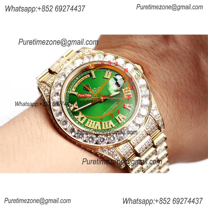 Daydate A21J Automatic Mens Watch Best Edition TWF YG Paved Diaomond Green Roman Dial Ice Out 904L Steel Bracelet