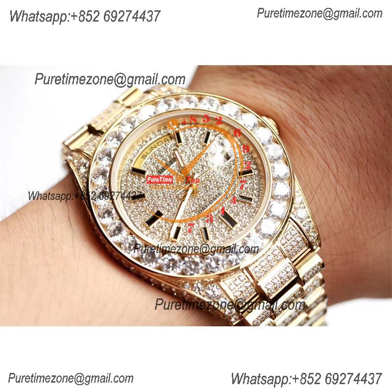 Daydate A21J Automatic Mens Watch Best Edition TWF YG Paved Diaomond Stcik Dial Fully Ice Out 904L Steel Bracelet