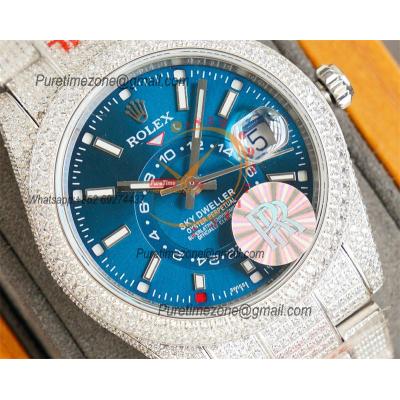 Sky-Dweller Miyota Automatic Mens Watch 42mm Best Edition RRF Diamond Bezel Blue Dial Fully Iced Out 904L Steel Bracelet