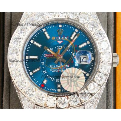 Sky-Dweller Miyota Automatic Mens Watch 42mm Best Edition RRF Diamond Bezel Blue Dial Fully Iced Out 904L Steel Bracelet