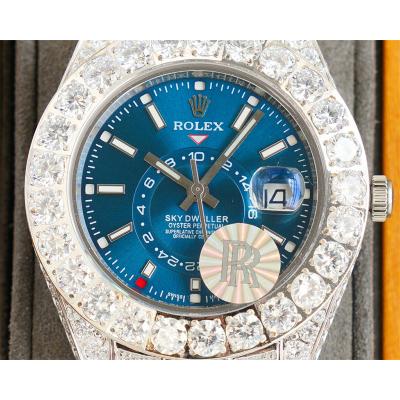 Sky-Dweller Miyota Automatic Mens Watch 42mm Best Edition RRF Diamond Bezel Blue Dial Fully Iced Out 904L Steel Bracelet