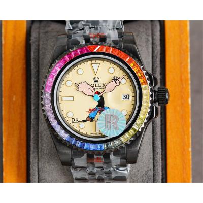 Yacht-Master A23J Automatic Mens Watch Best Edition RRF Rainbow Diamond Bezel Popeye the Sailor Dial PVD Steel Bracelet