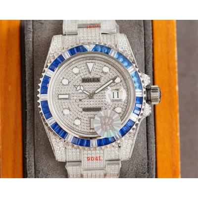 Submariner A2836 Automatic Mens Watch Best Edition RRF Blue Diamond Bezel Paved Diamonds Ice Out  904L Steel Bracelet