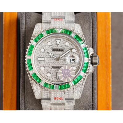 Submariner A2836 Automatic Mens Watch Best Edition RRF Green Diamond Bezel Paved Diamonds Ice Out  904L Steel Bracelet