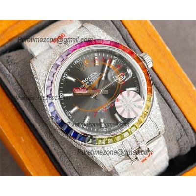 Datejust A3135 Automatic Mens Watch Best Edition RRF 41 Rainbow Diamond Bezel Gray Stick Dial Ice Out  904L Steel Bracel