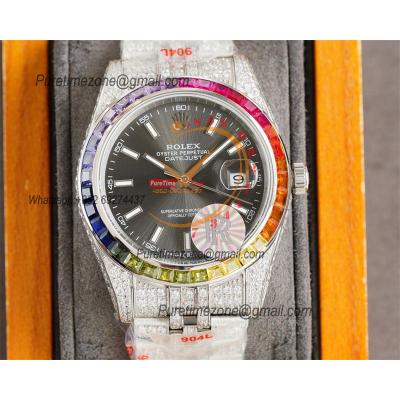 Datejust A3135 Automatic Mens Watch Best Edition RRF 41 Rainbow Diamond Bezel Gray Stick Dial Ice Out  904L Steel Bracel