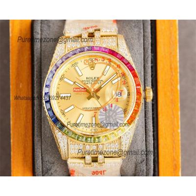 Datejust A3135 Automatic Mens Watch Best Edition RRF 41 YG Rainbow Diamond Bezel Gold Dial Ice Out  904L Steel Bracelet