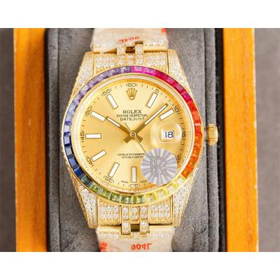 Datejust A3135 Automatic Mens Watch Best Edition RRF 41 YG Rainbow Diamond Bezel Gold Dial Ice Out  904L Steel Bracelet