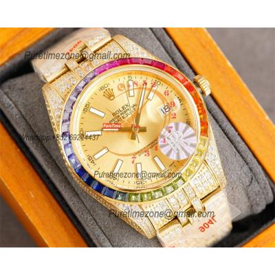 Datejust A3135 Automatic Mens Watch Best Edition RRF 41 YG Rainbow Diamond Bezel Gold Dial Ice Out  904L Steel Bracelet