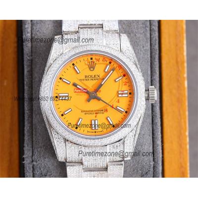 Datejust A23J Automatic Womens Watch Best Edition RRF 36 Paved Diamonds Yellow Stick Dial Ice Out  904L Steel Bracelet