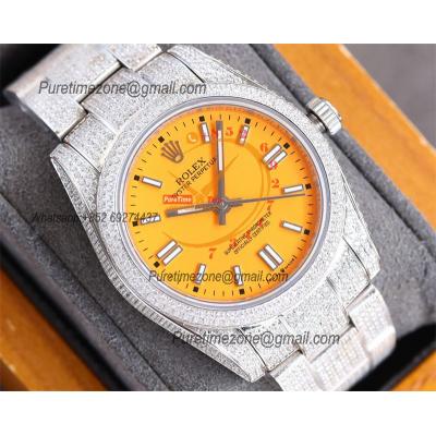 Datejust A23J Automatic Womens Watch Best Edition RRF 36 Paved Diamonds Yellow Stick Dial Ice Out  904L Steel Bracelet