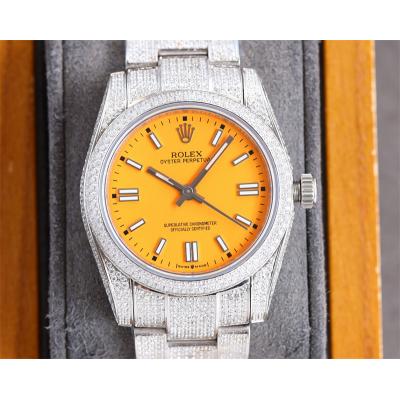 Datejust A23J Automatic Womens Watch Best Edition RRF 36 Paved Diamonds Yellow Stick Dial Ice Out  904L Steel Bracelet