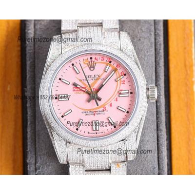 Datejust A23J Automatic Womens Watch Best Edition RRF 36 Paved Diamonds Pink Stick Dial Ice Out  904L Steel Bracelet