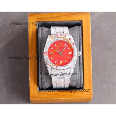 Datejust A23J Automatic Womens Watch Best Edition RRF 36 Paved Diamonds Red Stick Dial Ice Out  904L Steel Bracelet