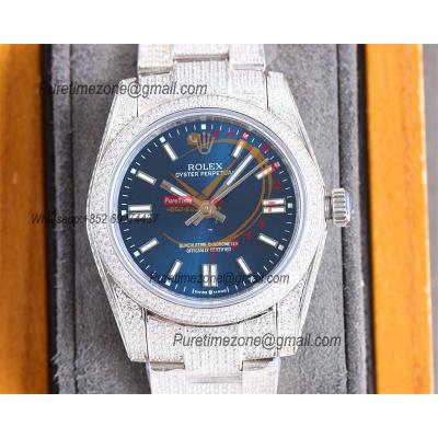 Datejust A23J Automatic Womens Watch Best Edition RRF 36 Paved Diamonds Blue Stick Dial Ice Out  904L Steel Bracelet