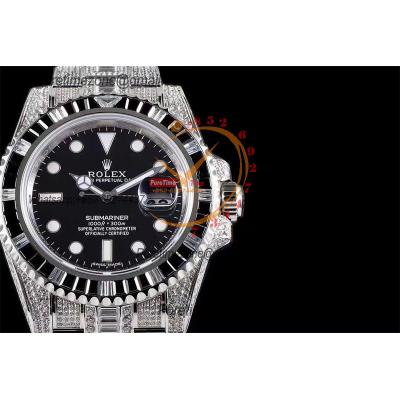 Submariner SA3135 Automatic Mens Watch Best Edition TWF Square Black Gemstone Bezel Ice Out 904L Steel Bracelet