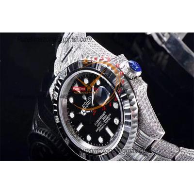 Submariner SA3135 Automatic Mens Watch Best Edition TWF Square Black Gemstone Bezel Ice Out 904L Steel Bracelet