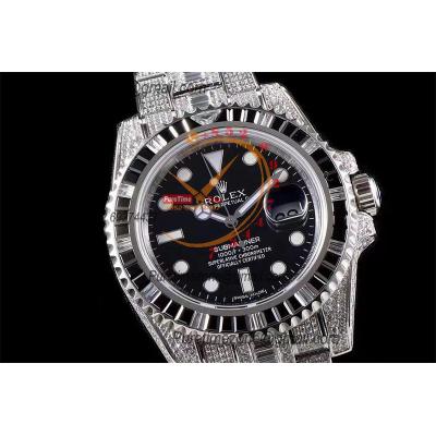 Submariner SA3135 Automatic Mens Watch Best Edition TWF Square Black Gemstone Bezel Ice Out 904L Steel Bracelet