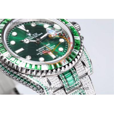 Submariner SA3135 Automatic Mens Watch Best Edition TWF Square Green Gemstone Bezel Ice Out 904L Steel Bracelet