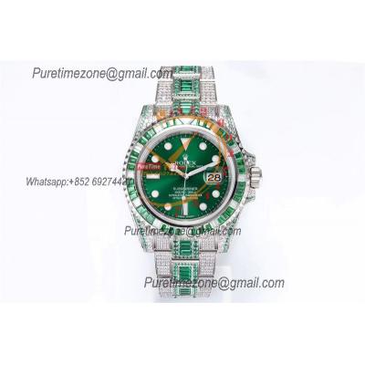 Submariner SA3135 Automatic Mens Watch Best Edition TWF Square Green Gemstone Bezel Ice Out 904L Steel Bracelet