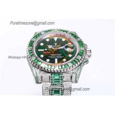 Submariner SA3135 Automatic Mens Watch Best Edition TWF Square Green Gemstone Bezel Ice Out 904L Steel Bracelet