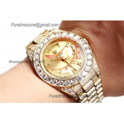 Daydate A21J Automatic Mens Watch Best Edition TWF YG Paved Diaomond Gold Roman Dial Ice Out 904L Steel Bracelet