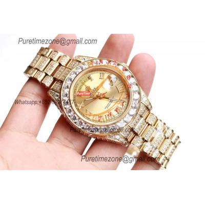 Daydate A21J Automatic Mens Watch Best Edition TWF YG Paved Diaomond Gold Roman Dial Ice Out 904L Steel Bracelet