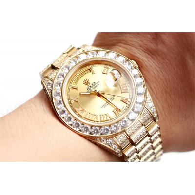 Daydate A21J Automatic Mens Watch Best Edition TWF YG Paved Diaomond Gold Roman Dial Ice Out 904L Steel Bracelet