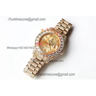 Daydate A21J Automatic Mens Watch Best Edition TWF YG Paved Diaomond Gold Roman Dial Ice Out 904L Steel Bracelet