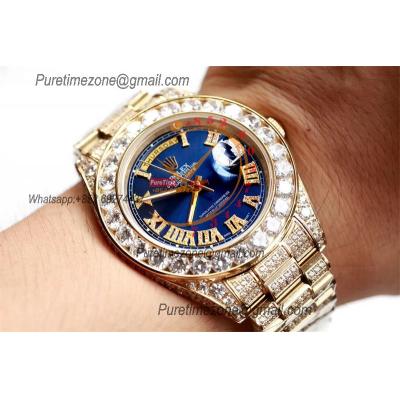 Daydate A21J Automatic Mens Watch Best Edition TWF YG Paved Diaomond Blue Roman Dial Ice Out 904L Steel Bracelet