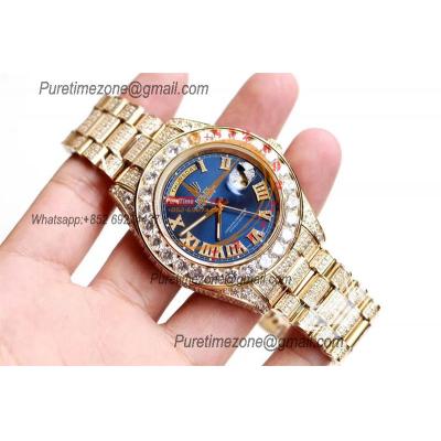 Daydate A21J Automatic Mens Watch Best Edition TWF YG Paved Diaomond Blue Roman Dial Ice Out 904L Steel Bracelet