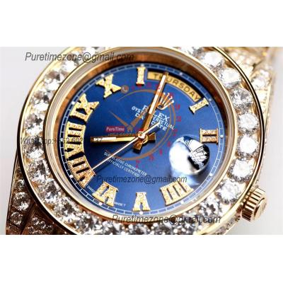 Daydate A21J Automatic Mens Watch Best Edition TWF YG Paved Diaomond Blue Roman Dial Ice Out 904L Steel Bracelet