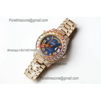 Daydate A21J Automatic Mens Watch Best Edition TWF YG Paved Diaomond Blue Roman Dial Ice Out 904L Steel Bracelet