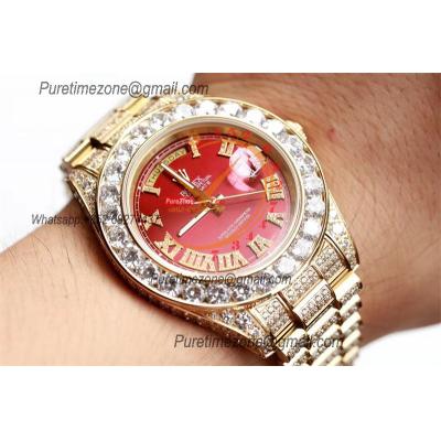 Daydate A21J Automatic Mens Watch Best Edition TWF YG Paved Diaomond Red Roman Dial Ice Out 904L Steel Bracelet