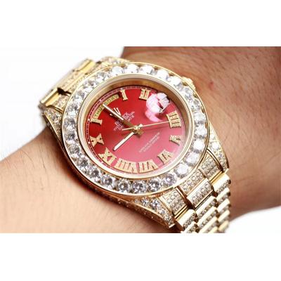 Daydate A21J Automatic Mens Watch Best Edition TWF YG Paved Diaomond Red Roman Dial Ice Out 904L Steel Bracelet