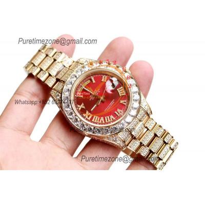 Daydate A21J Automatic Mens Watch Best Edition TWF YG Paved Diaomond Red Roman Dial Ice Out 904L Steel Bracelet