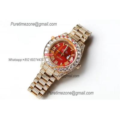 Daydate A21J Automatic Mens Watch Best Edition TWF YG Paved Diaomond Red Roman Dial Ice Out 904L Steel Bracelet