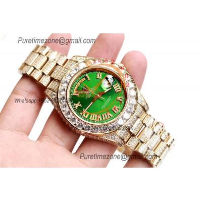 Daydate A21J Automatic Mens Watch Best Edition TWF YG Paved Diaomond Green Roman Dial Ice Out 904L Steel Bracelet