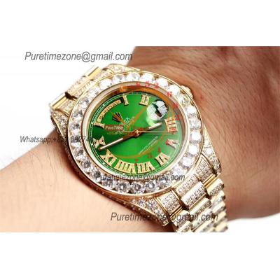 Daydate A21J Automatic Mens Watch Best Edition TWF YG Paved Diaomond Green Roman Dial Ice Out 904L Steel Bracelet