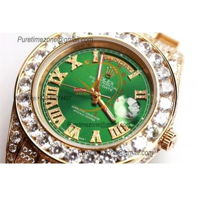 Daydate A21J Automatic Mens Watch Best Edition TWF YG Paved Diaomond Green Roman Dial Ice Out 904L Steel Bracelet