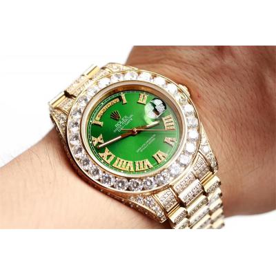 Daydate A21J Automatic Mens Watch Best Edition TWF YG Paved Diaomond Green Roman Dial Ice Out 904L Steel Bracelet