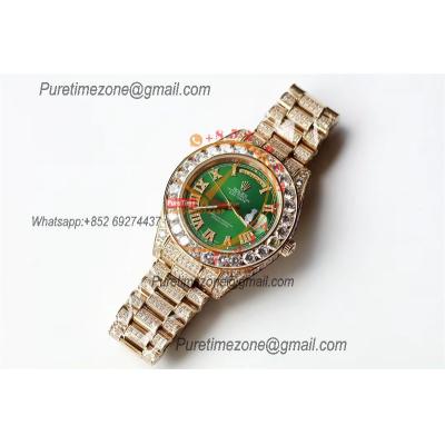 Daydate A21J Automatic Mens Watch Best Edition TWF YG Paved Diaomond Green Roman Dial Ice Out 904L Steel Bracelet