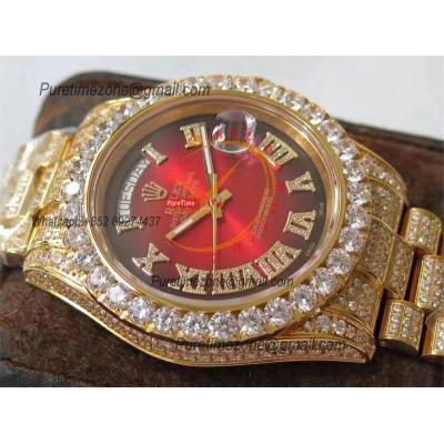 Day-Date 40 228348 A2836 Mens Watch Best Edition TWF YG Paved Diaomond Red Dial Fully Ice Out 904L Steel Bracelet