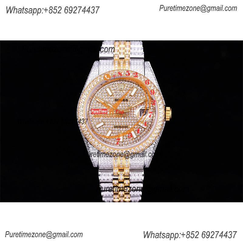 Datejust A2824 Automatic Mens Watch Best Edition ZYF TTYG Paved Diaomond Stick Dial Fully Ice Out 904L Steel Bracelet