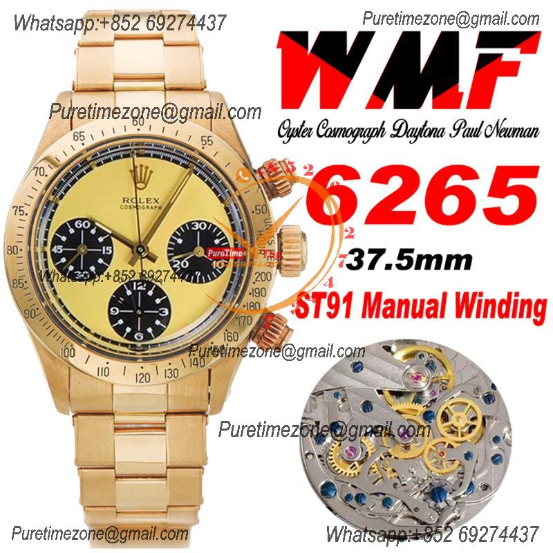 Daytona Paul Newman ST91 Manual Winding Chronograph Mens Watch Best Edition WMF YG 37.5 Yellow Dial SS Oyster Bracelet