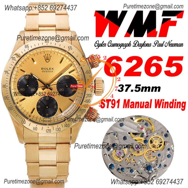 Daytona Paul Newman ST91 Manual Winding Chronograph Mens Watch Best Edition WMF YG 37.5 Gold Dial SS Oyster Bracelet