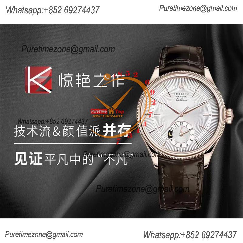 Cellini Dual Time 50525 Cal A3180 Automatic Mens Watch Best Edition KZF 39mm Rose Gold White Dial Brown Leather Strap