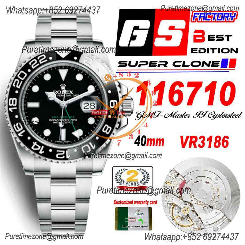 GMT Master II 116710 VR3186 Automatic Mens Watch Best Edition GSF Ceramic Black Dial 904L SS Oyster Bracelet