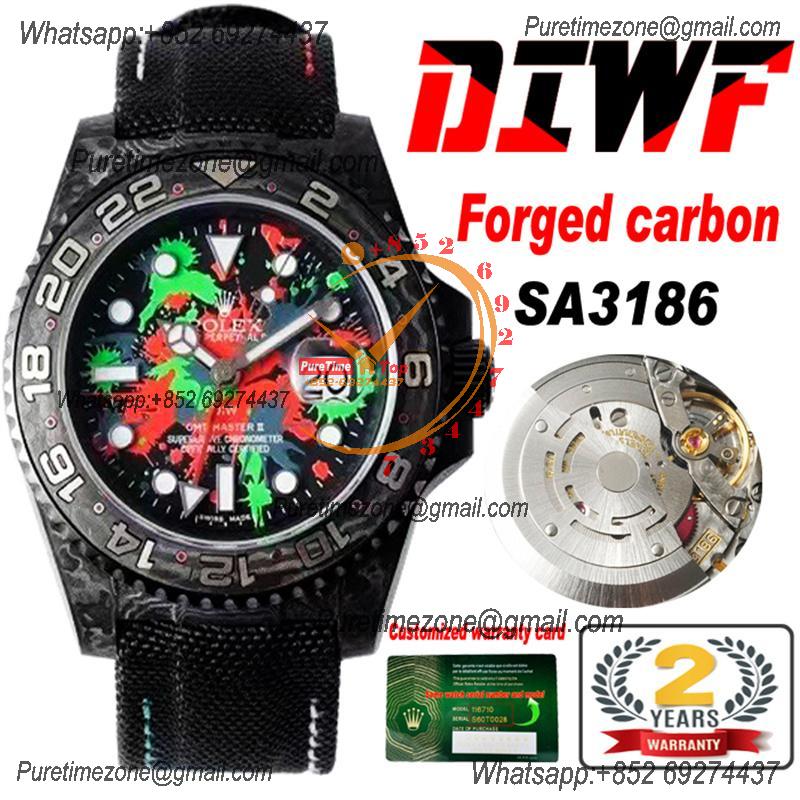 GMT Master II 126710 VR3186 Automatic Mens Watch Best Edition DIWF Carbon Case Graffiti Dial Black Nylon Strap